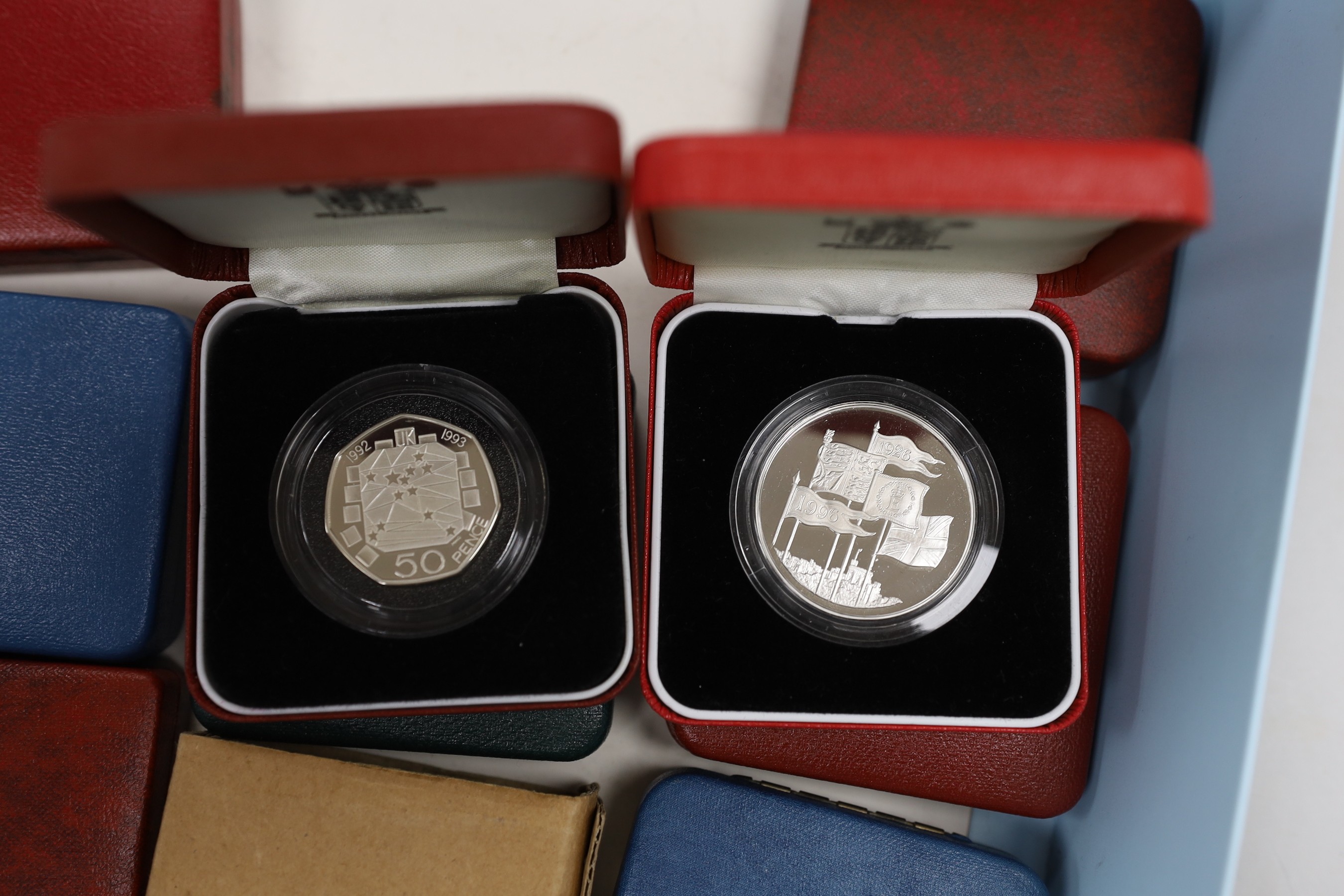 Elizabeth II (1952-2022), cased proof silver coins, comprising four crowns HM Queen 70th birthday 1996, Marriage of Prince of Wales and Lady Diana Spencer 1981, 80th birthday Queen Mother 1980, coronation 40th anniversar